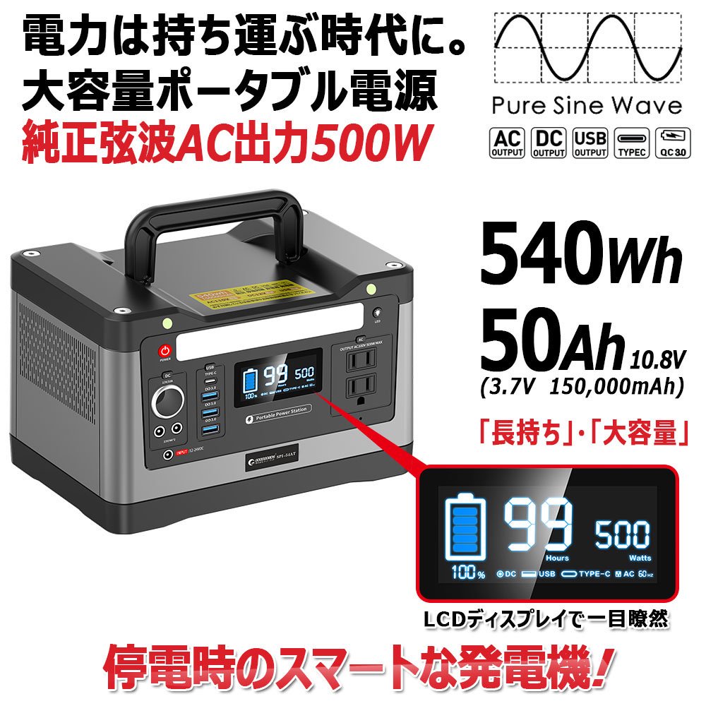 グッドグッズ(GOODGOODS) ポータブル電源+ソーラーパネルセット 家庭用発電機 大容量 500W ソーラーチャージャー 折り畳 車中泊  収納袋付き 防災 SET-14520A