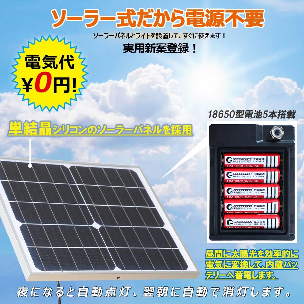 グッドグッズ(GOODGOODS) LED ソーラーライト 30W 電池交換式 昼光色 明暗センサー付き ガーデンライト 防水 玄関 防犯  オリジナル自立式ソーラーパネル TYH-30WA