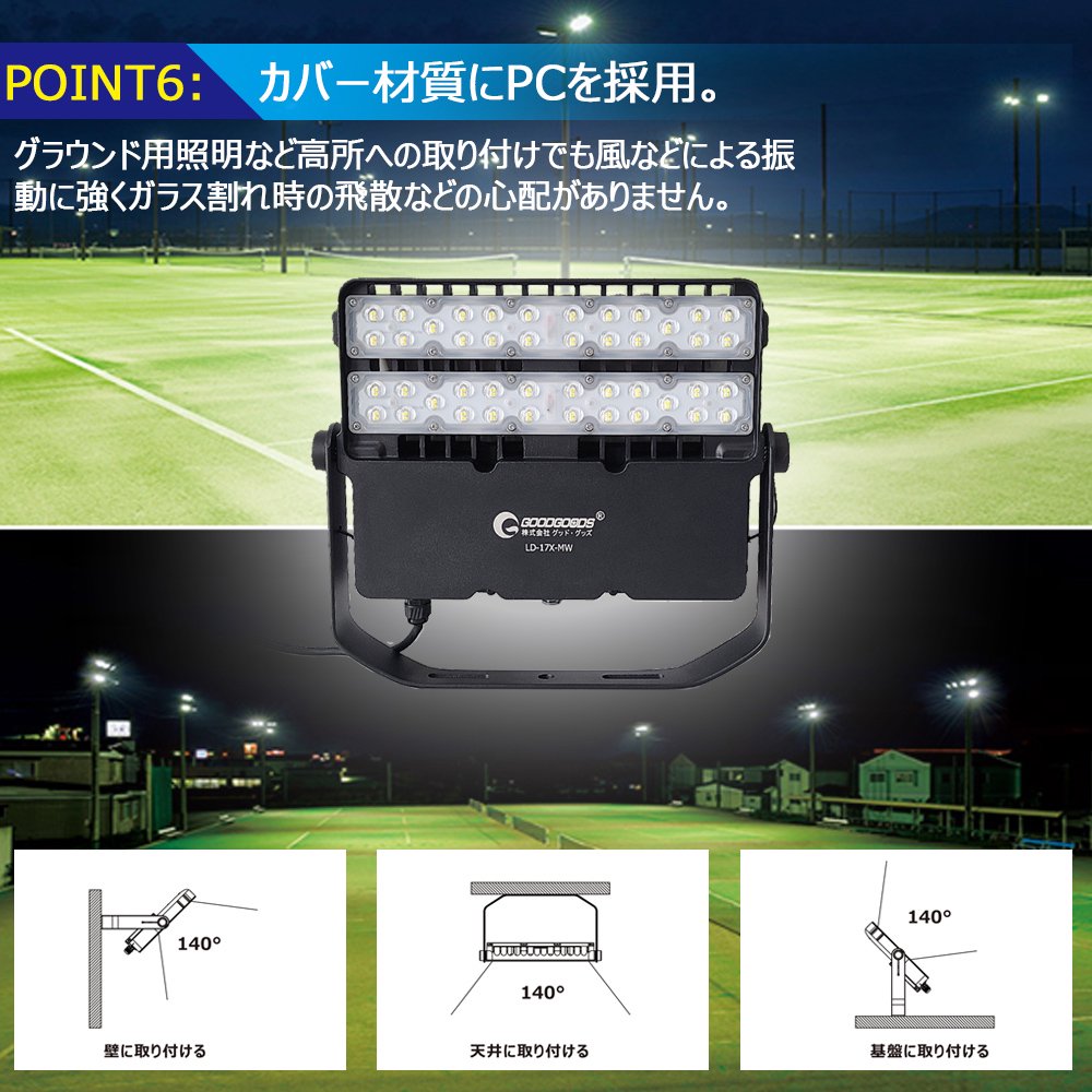 グッドグッズ(GOODGOODS) LED 投光器 100W 17000LM 薄型 昼白色 屋外 野外灯 SPD 避雷器 MeanWell製ユニット  LD-17X-MW