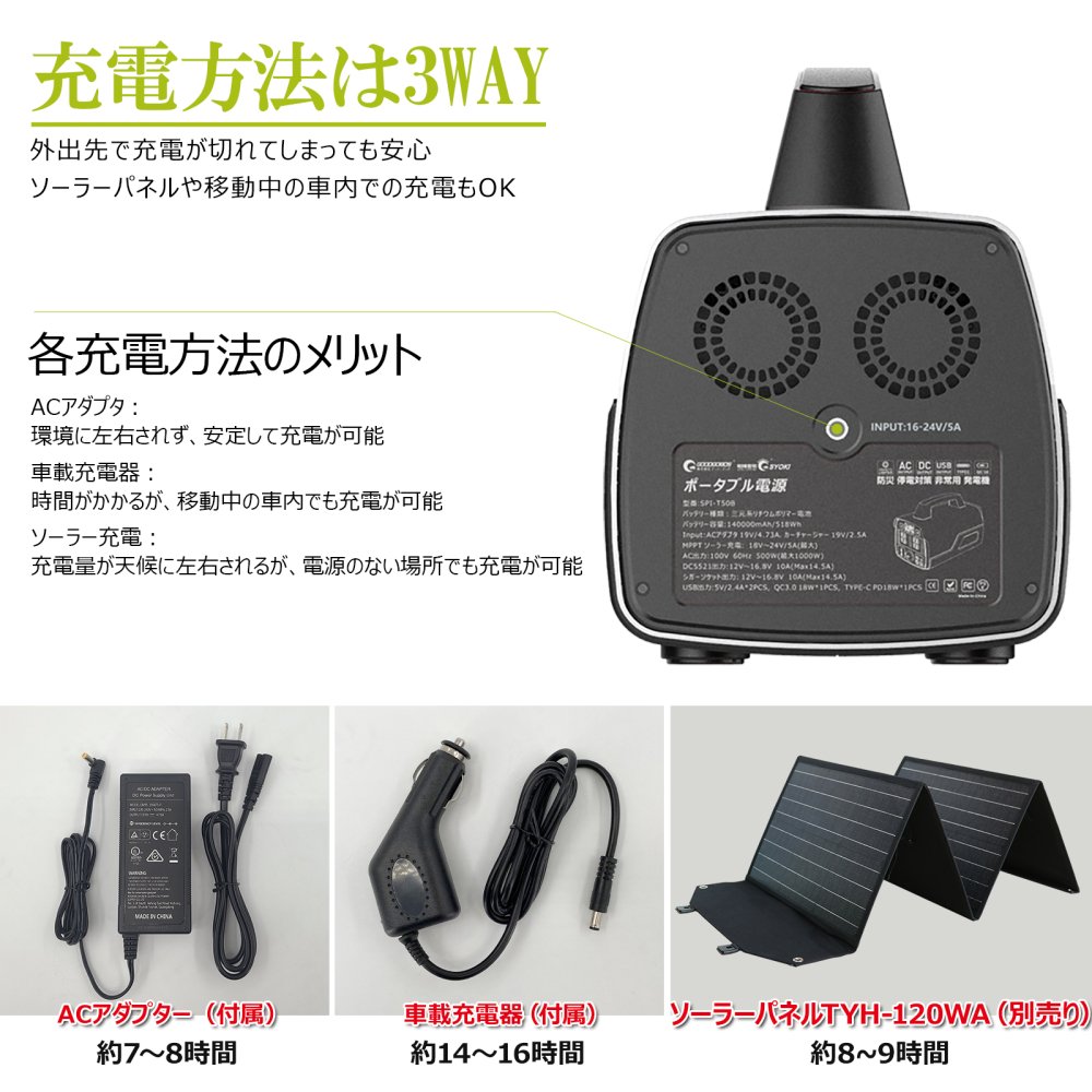 グッドグッズ(GOODGOODS) ポータブル電源+ソーラーパネルSET 大容量 500W 518Wh 140000mAh 家庭用蓄電池 非常用電源  防災 停電 SET-14518B