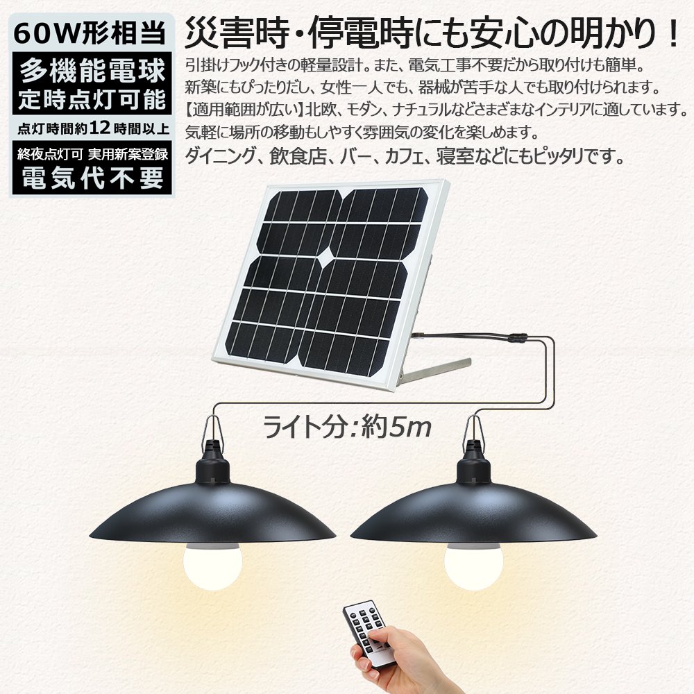 グッドグッズ(GOODGOODS) ペンダントライト 電球式 2灯 太陽光発電 調光 調色 切タイマー機能付き リモコン付き ソーラー式照明 1台2色  防犯 停電対策 TYH-B2K