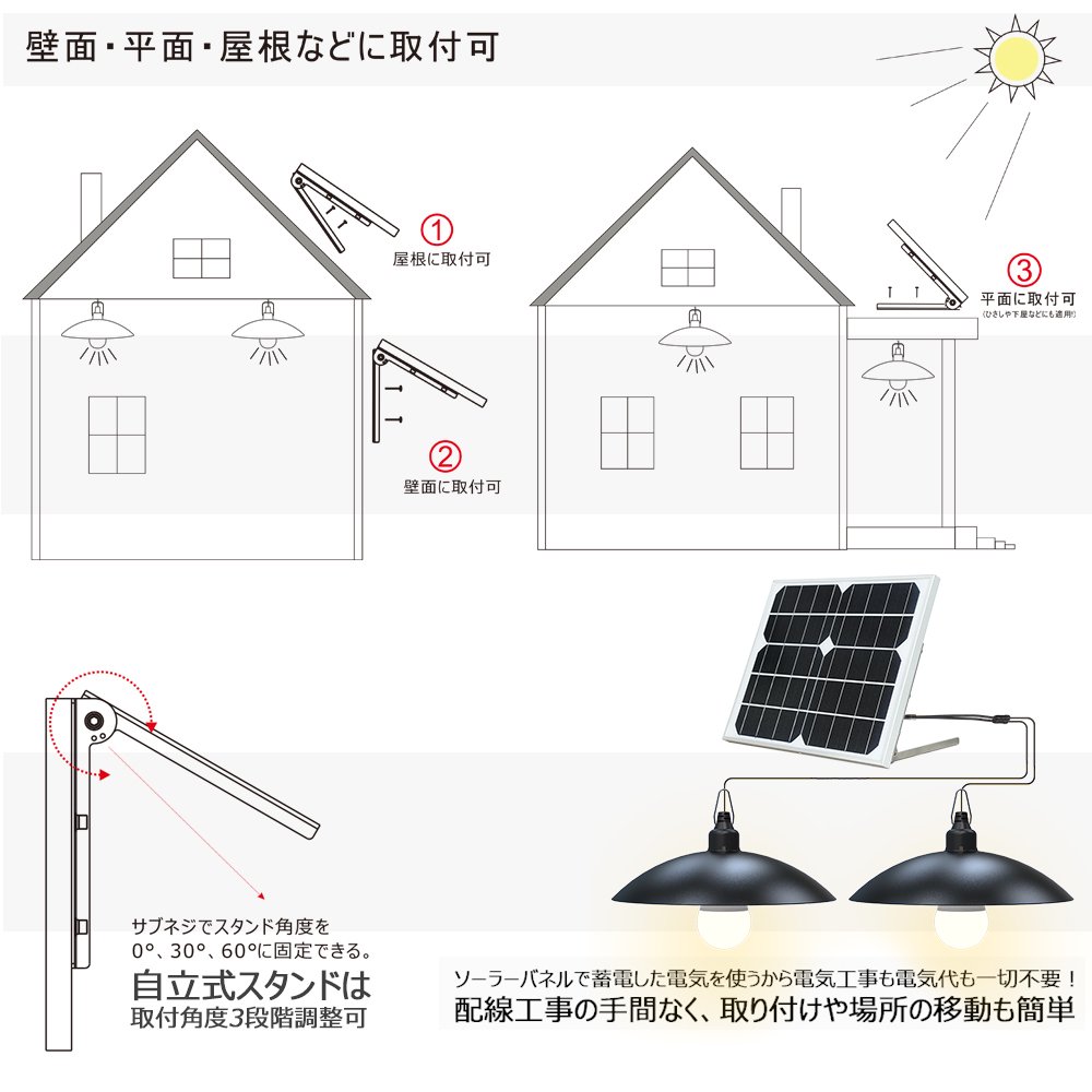 グッドグッズ(GOODGOODS) ペンダントライト 電球式 2灯 太陽光発電 調光 調色 切タイマー機能付き リモコン付き ソーラー式照明 1台2色  防犯 停電対策 TYH-B2K