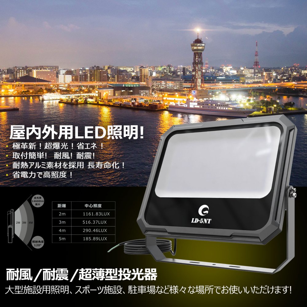 LD-5NT LED投光器 200W 14600lm フロスト加工 防眩 すりガラス 水銀灯1500W相当 IP66 大型 施設照明 高演色