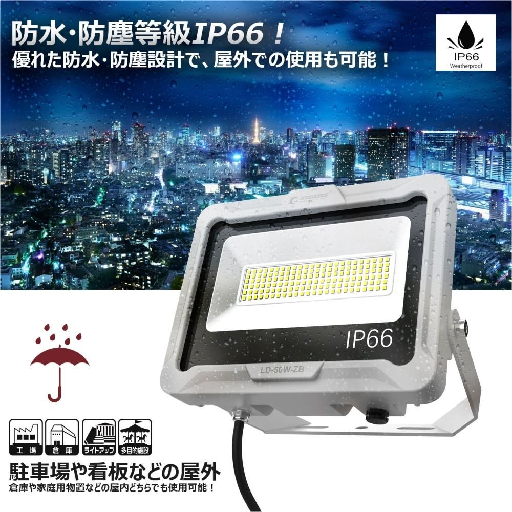 送料込 1台 LED投光器 50W 500W相当 昼光色 6000K 薄型 防犯ライト 作業灯 IP66 防水 コンセント式 広角ライト 屋外 照明 1年保証 ZW-05