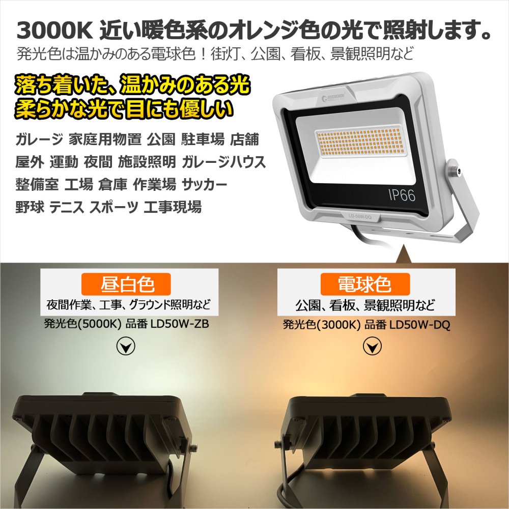 グッドグッズ(GOODGOODS) 50W LED投光器 IP66 屋外 オリジナルステー