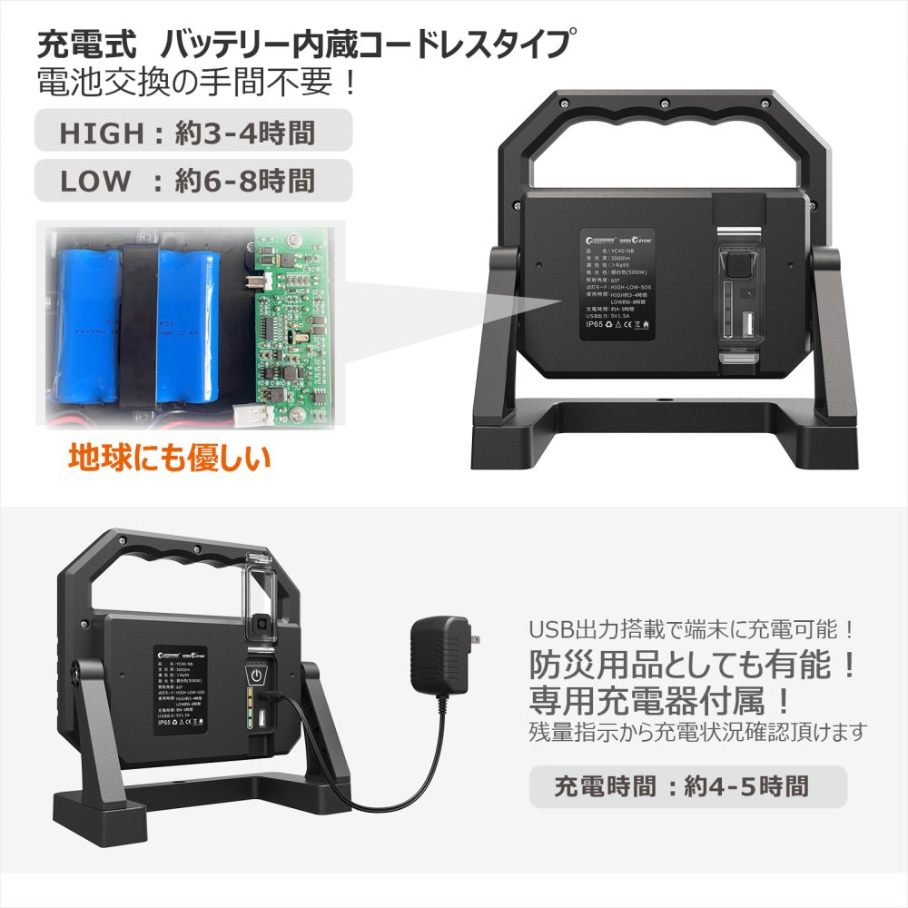 グッドグッズ(GOODGOODS) 充電式 LED投光器 40W 3000LM マグネット 昼