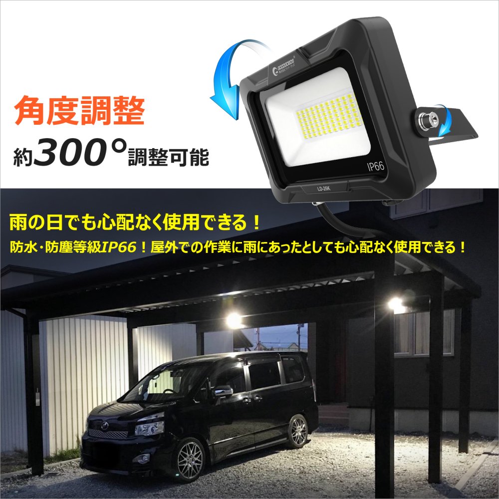 グッドグッズ(GOODGOODS) 20W LEDライト 投光器 クランプ セット 新仕様ステー 取付やすい 設置型 水銀灯100W相当 通気弁  防塵防水 IP66 倉庫 工場 工事 看板照明 駐車場灯 LD-26K