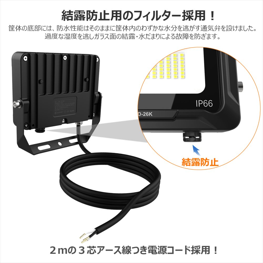 グッドグッズ(GOODGOODS) 20W LEDライト 投光器 クランプ セット 新仕様ステー 取付やすい 設置型 水銀灯100W相当 通気弁  防塵防水 IP66 倉庫 工場 工事 看板照明 駐車場灯 LD-26K