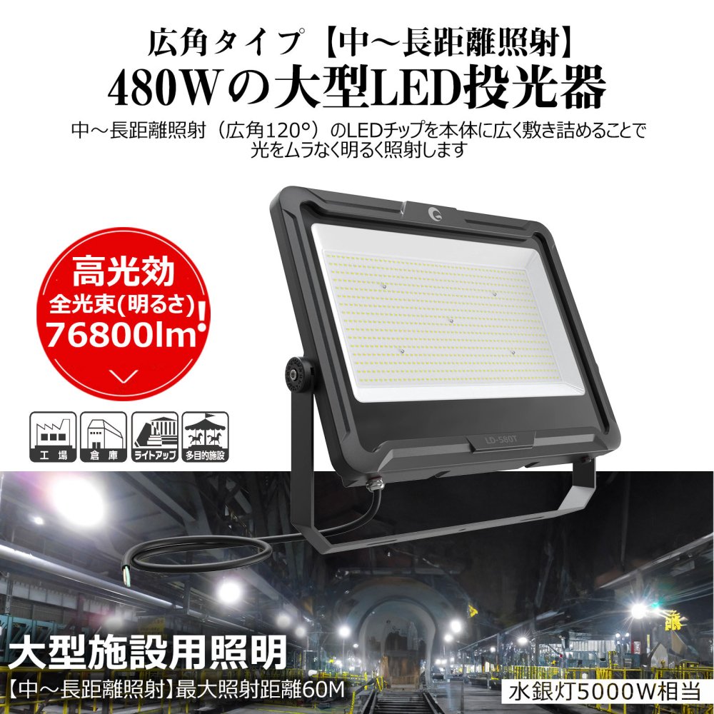 LD-580T LED投光器 480W 76800LM 大型施設用 サッカー場 野球場 角度330°調整可能 IP66