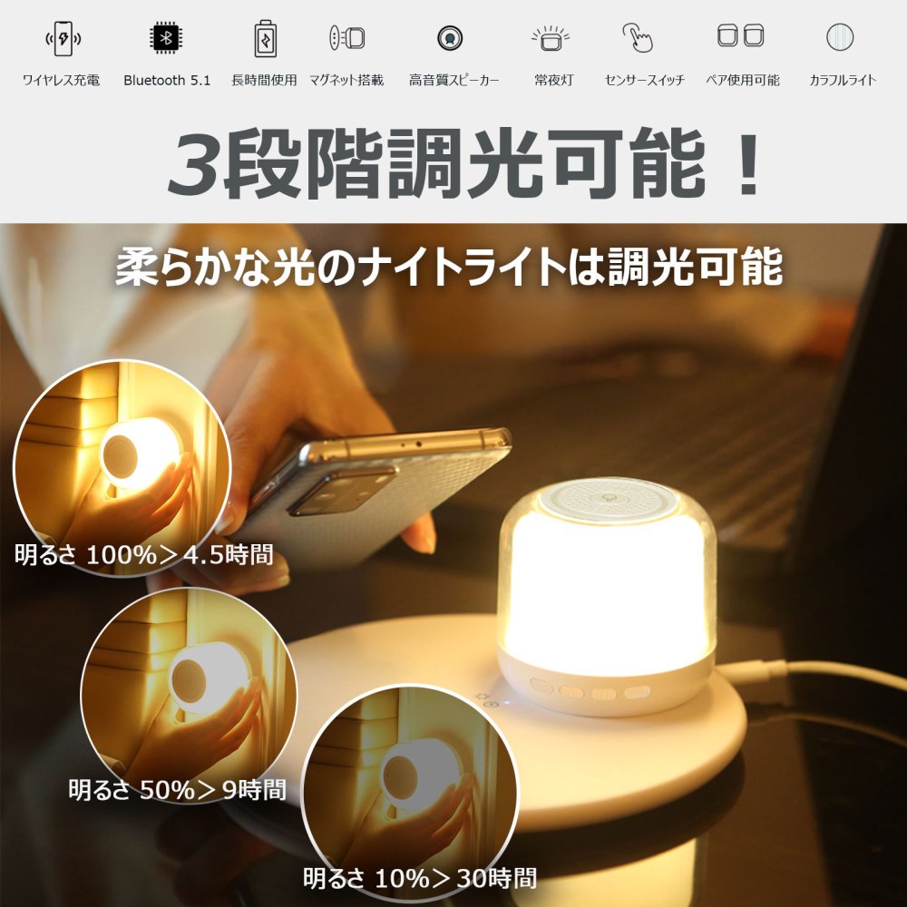 グッドグッズ(GOODGOODS)1台3用 15W急速充電可能 常夜灯 LED ライト ワイヤレススピーカー付き インテリアライト 3段階調光  Bluetoothスピーカー HM-01S