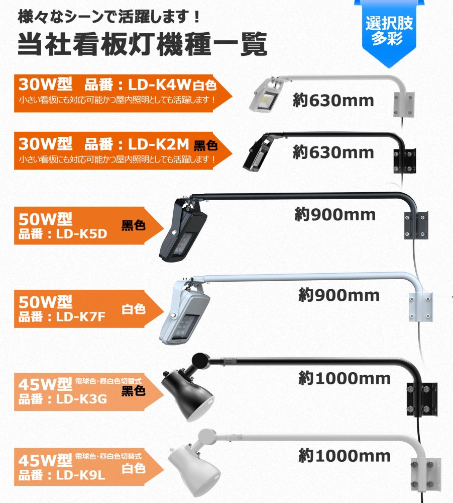 LD-K4W 30W LED一体型アームライト 60CMタイプ 3150LM 看板灯 屋外 スポットライト 高演色性 壁取付 防水 選べる2色  ホワイト 黒