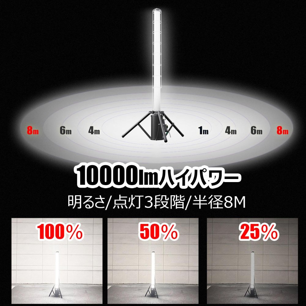 GD-H100B 100W円柱型ライト 充電式 10000LM 360°全方位配光 AC給電可能 現場作業 防災 災害対策 収納バック付  GOODGOODS