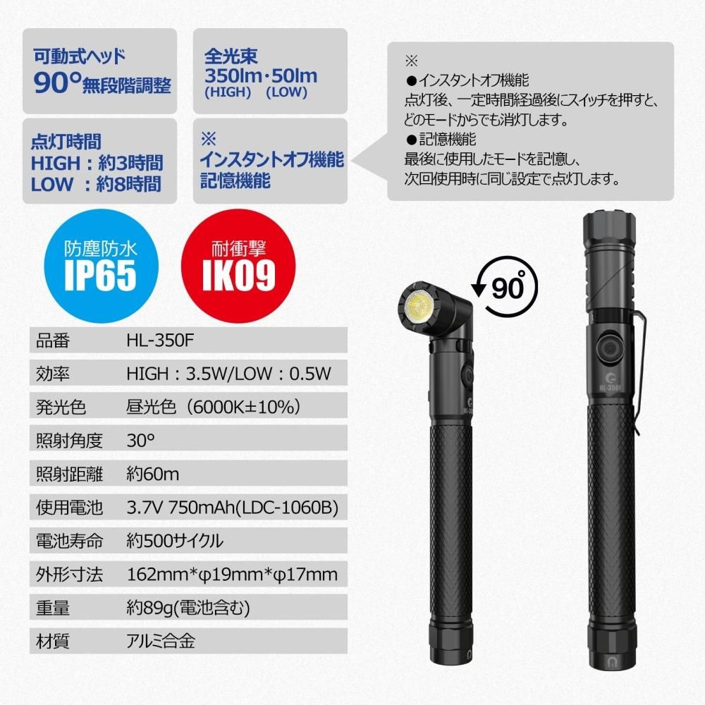 HL-350F 首振りLED懐中電灯 充電式 350LM 耐衝撃性 IP65防水