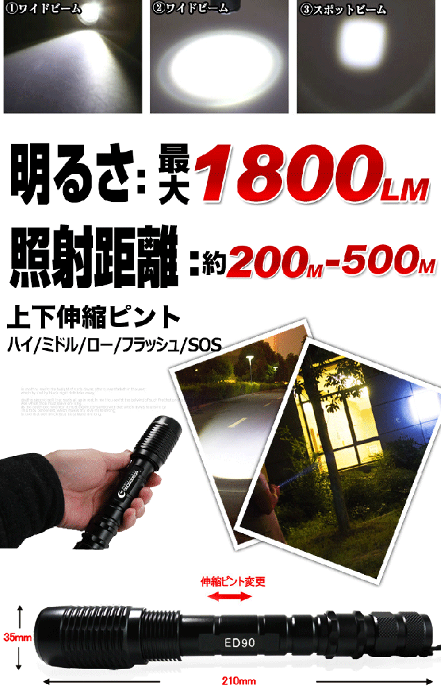 Goodgoods グッドグッズ Led懐中電灯 Cree ハンディライト 1800ルーメン 充電式 フラッシュライト 夜釣り 登山 散歩 アウトドア キャンプ 軍用 ズーム ｅｄ90