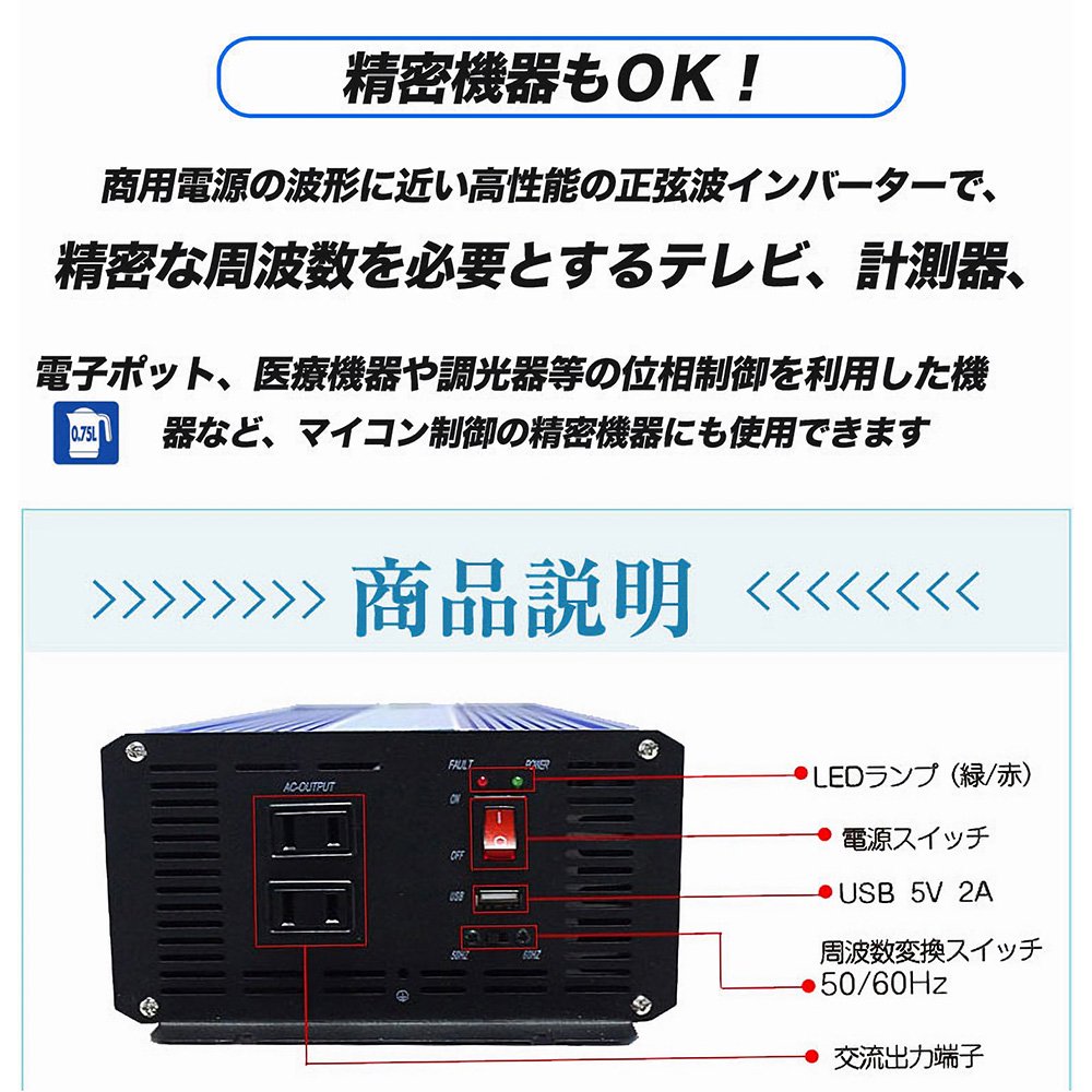 JIGUUN 1500W 純正弦波インバーターDC 24VをAC 100V 瞬間最大3000W