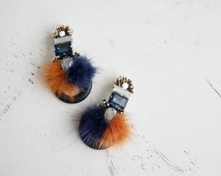 Mink ×bijou Pierced  &Earrings/ Navy leather