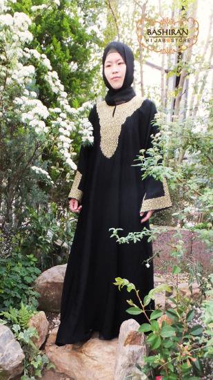 ABAYAヒジャーブ付ゴールドの刺繍春秋◎ 夏〇 冬×S～XL - BASHIRAN