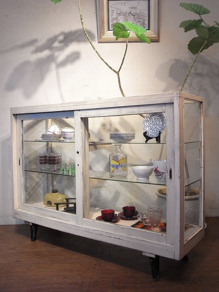 アンティーク ヴィンテージ ペイント 5面ガラス ショーケース ケビント 飾り棚 食器棚 パンケース 医療棚