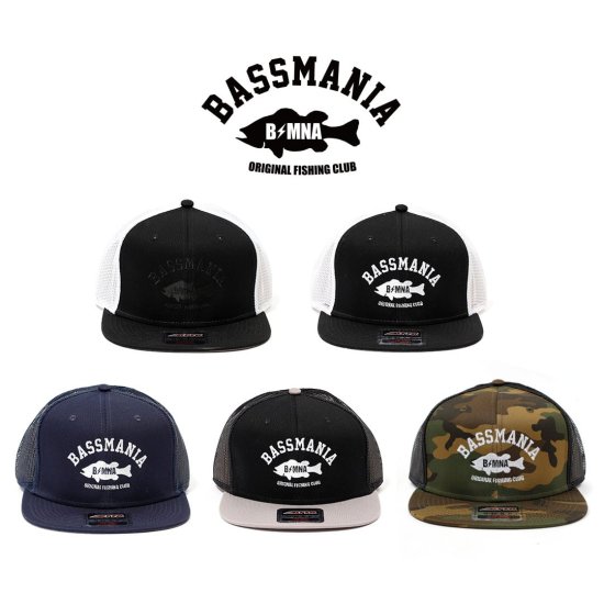 激特価！】アーチロゴ刺繍コットン×メッシュフラットビルCAP bassmania