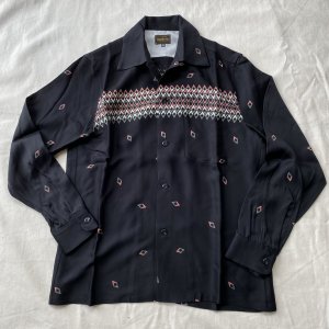 Vintage 1950'S Rayon L/S Shirt Black Argyle Panel