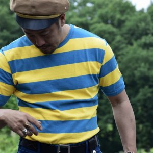 Vintage Style Ringer Cotton Stripe T-Shirt Blue/Yellow