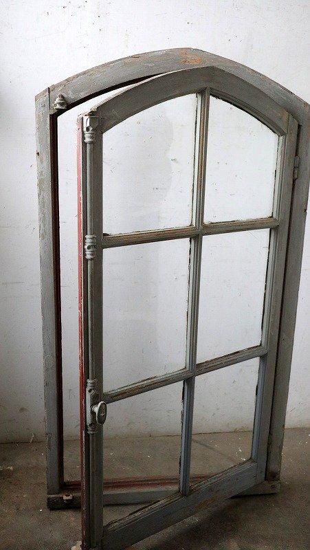 アンティーク フレンチシングルアーチガラス窓 クレモン錠 木枠付