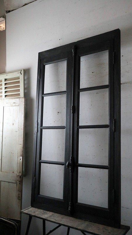 ダークシャビー アンティーク フランス ガラス窓 木枠付