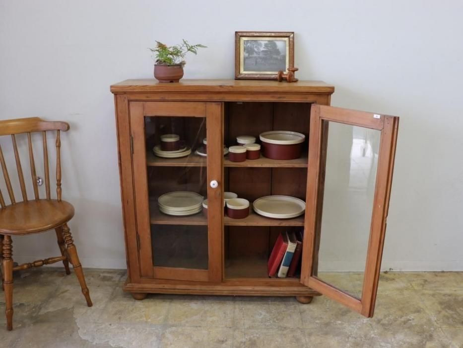 アンティークパイン W93ガラスキャビネット～【パインフラット