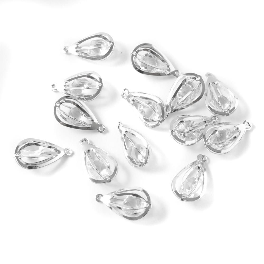 ガラスストーン入りチャーム しずく型 6個セット シルバー