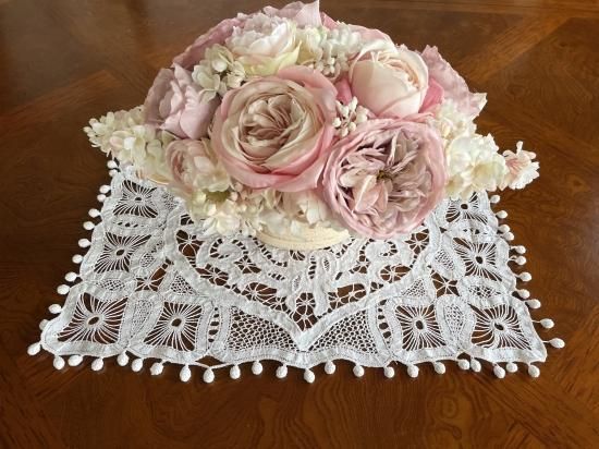華麗 アンティーク 花刺繍リネン大判クロス 薔薇 ニードルポイント ...