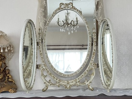 ・ヴィンテージ　フランス　リボン、薔薇装飾スタンドミラー・三面鏡