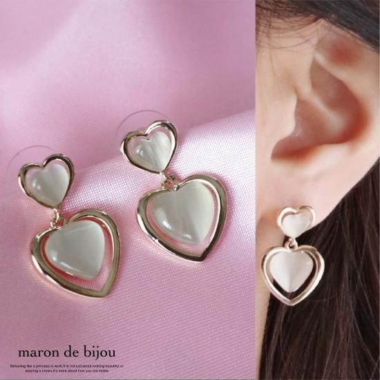 ホワイトストーンハートピアス かわいいアクセサリー通販 Maron De Bijou マロンドビジュー