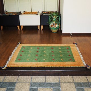 【sale 50%OFF】ギャッベ 玄関マット 82×120cm イエロー グリーン 黄色 緑 イラン製 手織り絨毯