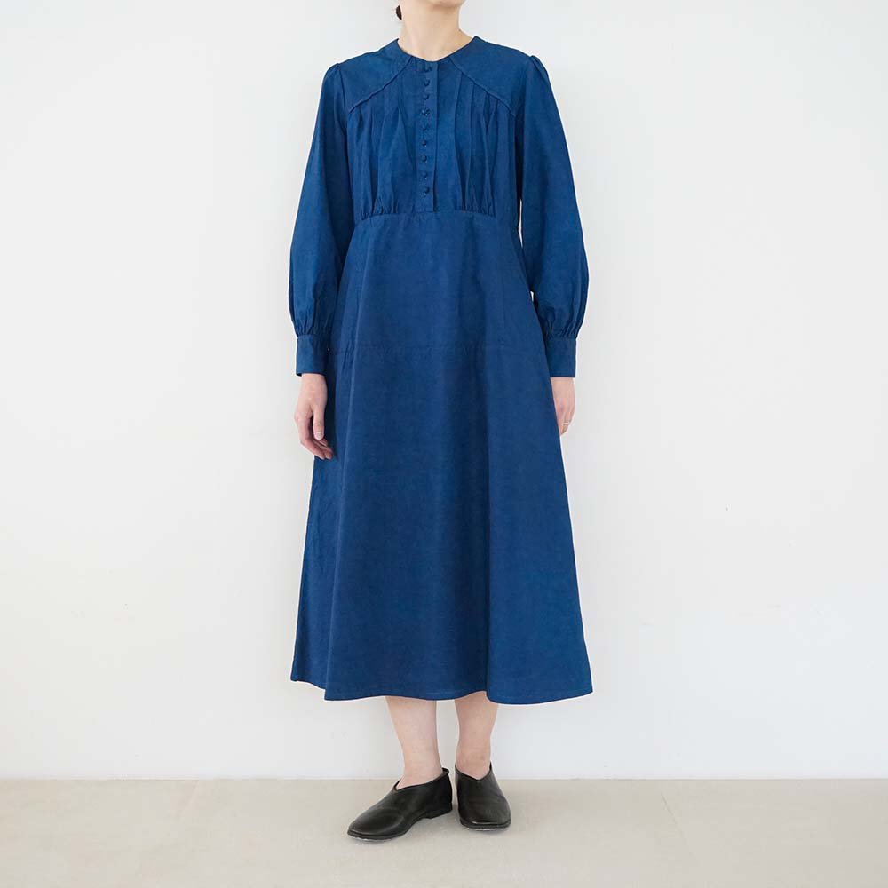 Cotton linen classic broadcloth 1920's work dress<br>Ryukyu indigo<br>