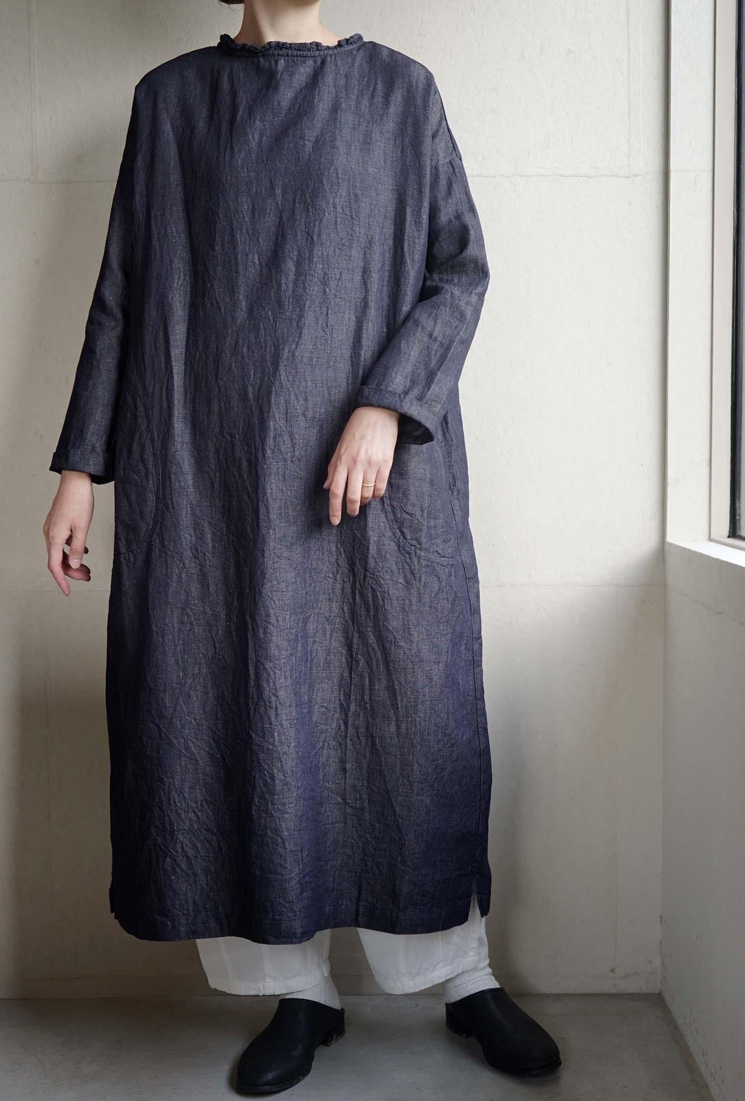 TINY DOUBLE FRILL DENIM ONE PIECE<br>INDIGO DENIM<br>