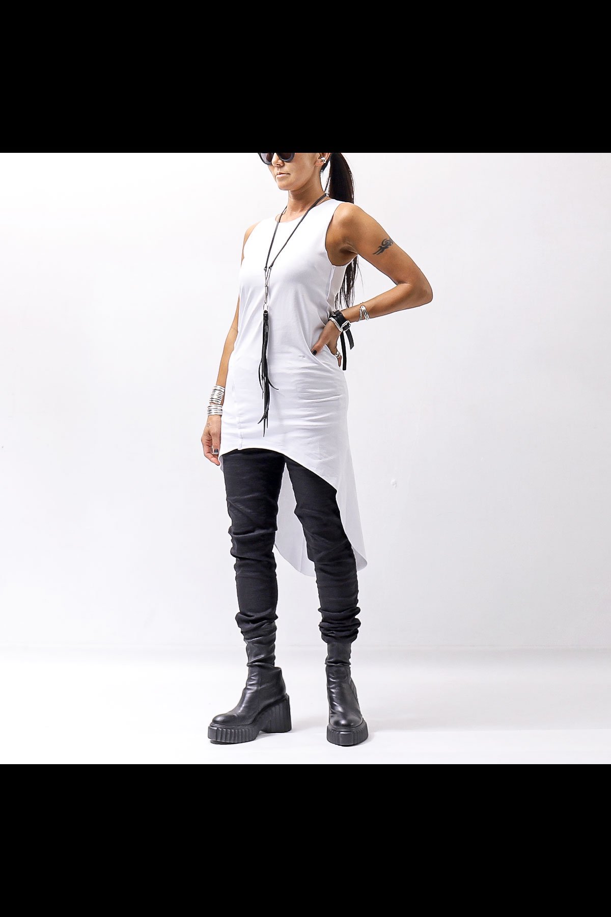 UNISEX ASYMMETRY COTTON STRETCH LONG TANK D61_WHITE