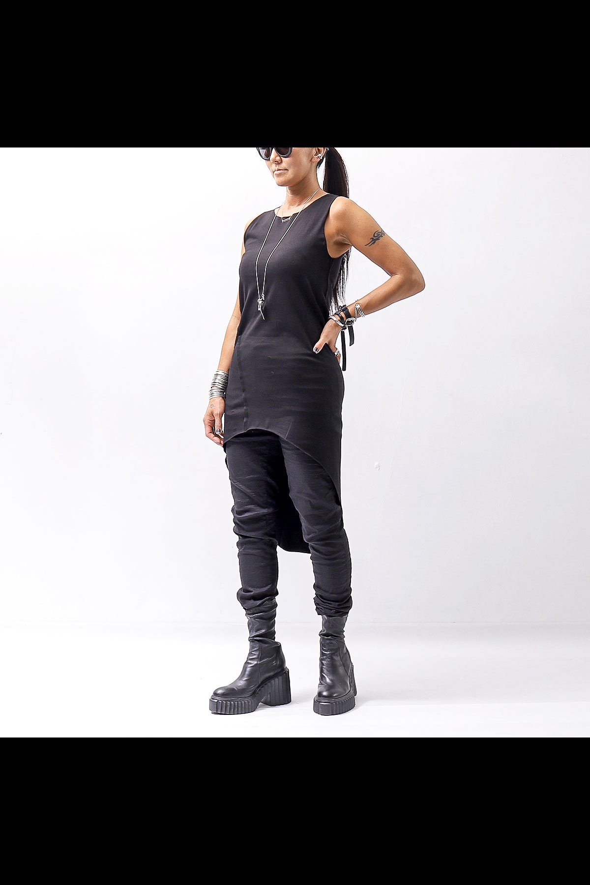 UNISEX ASYMMETRY COTTON STRETCH LONG TANK D61_BLACK