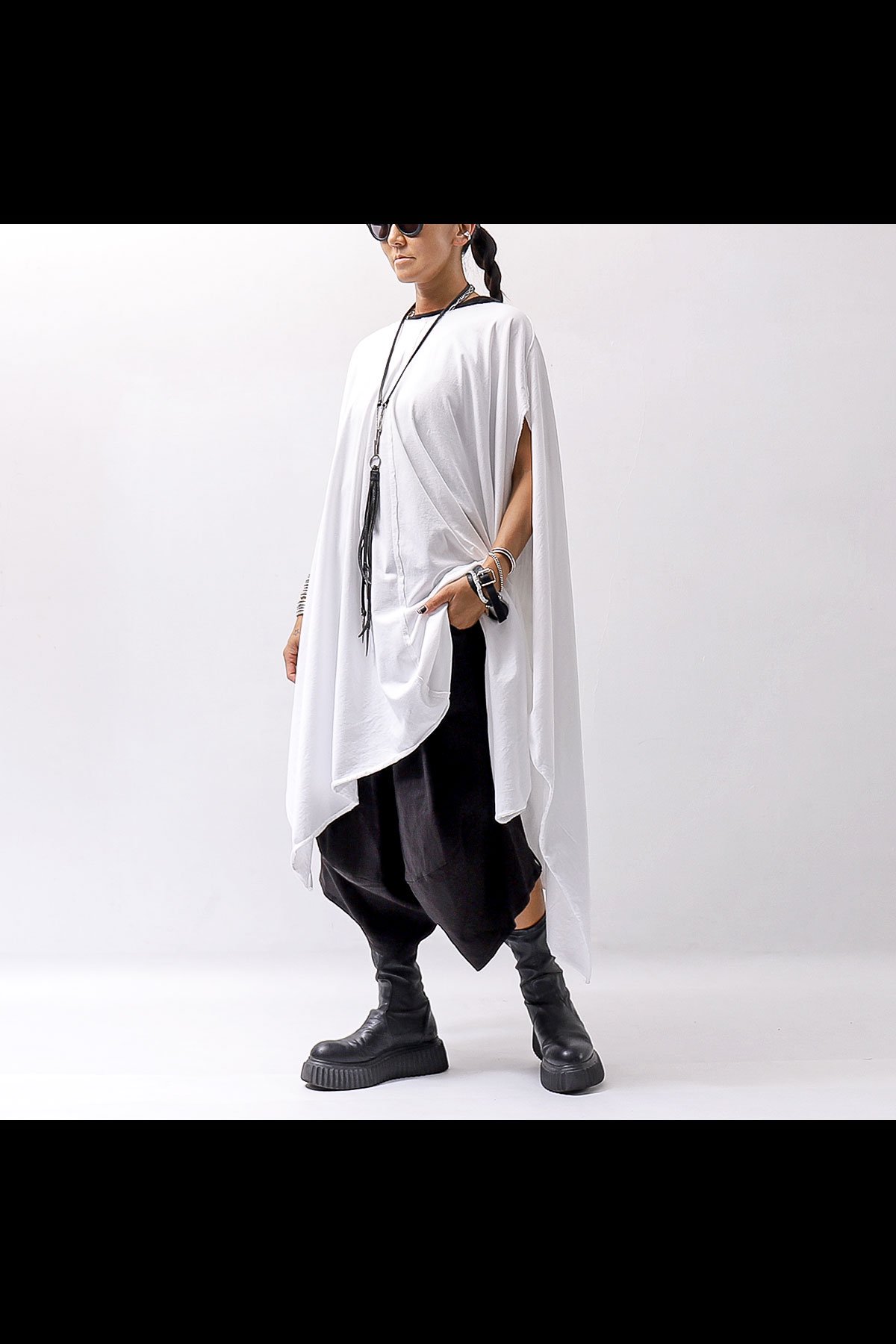 ASYMMETRY OVERSIZED COTTON LONG TOP 100RO_WHITE