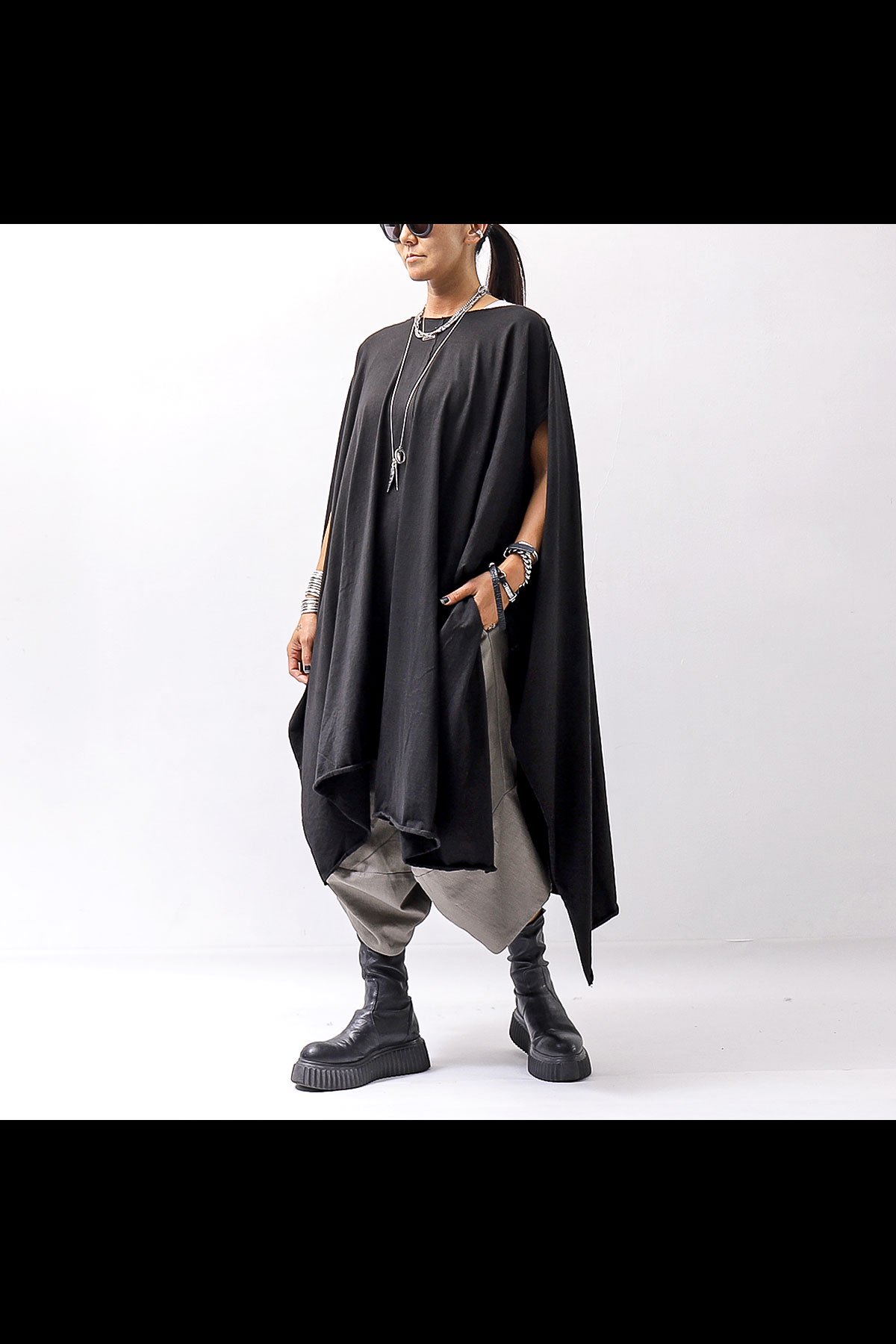 ASYMMETRY OVERSIZED COTTON LONG TOP 100RO_BLACK