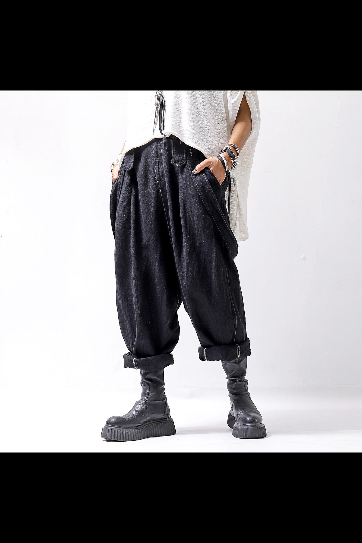 UNISEX LINEN SHOULDER PANTS 148QP03_BLACK