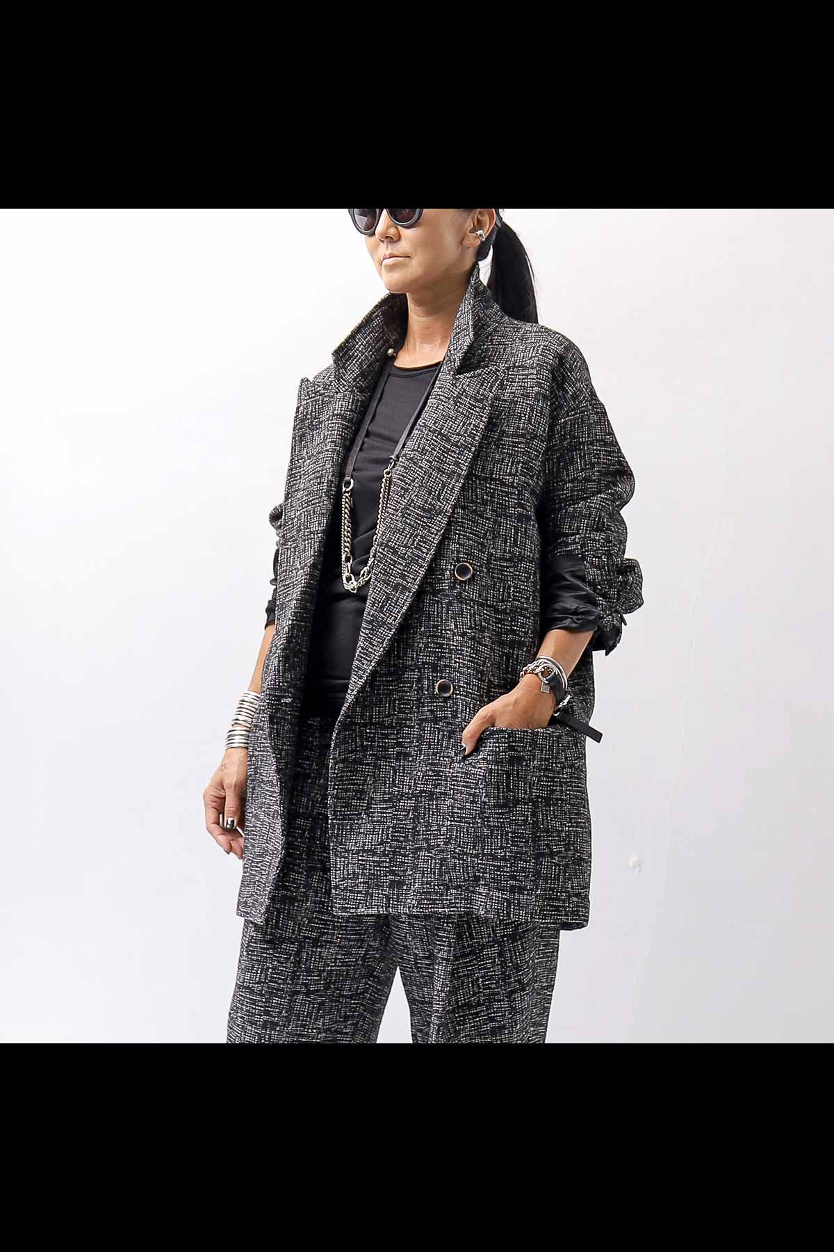 UNISEX OVERSIZED TWEED DOUBLE BUTTON JACKET J116_TWEED BLACK