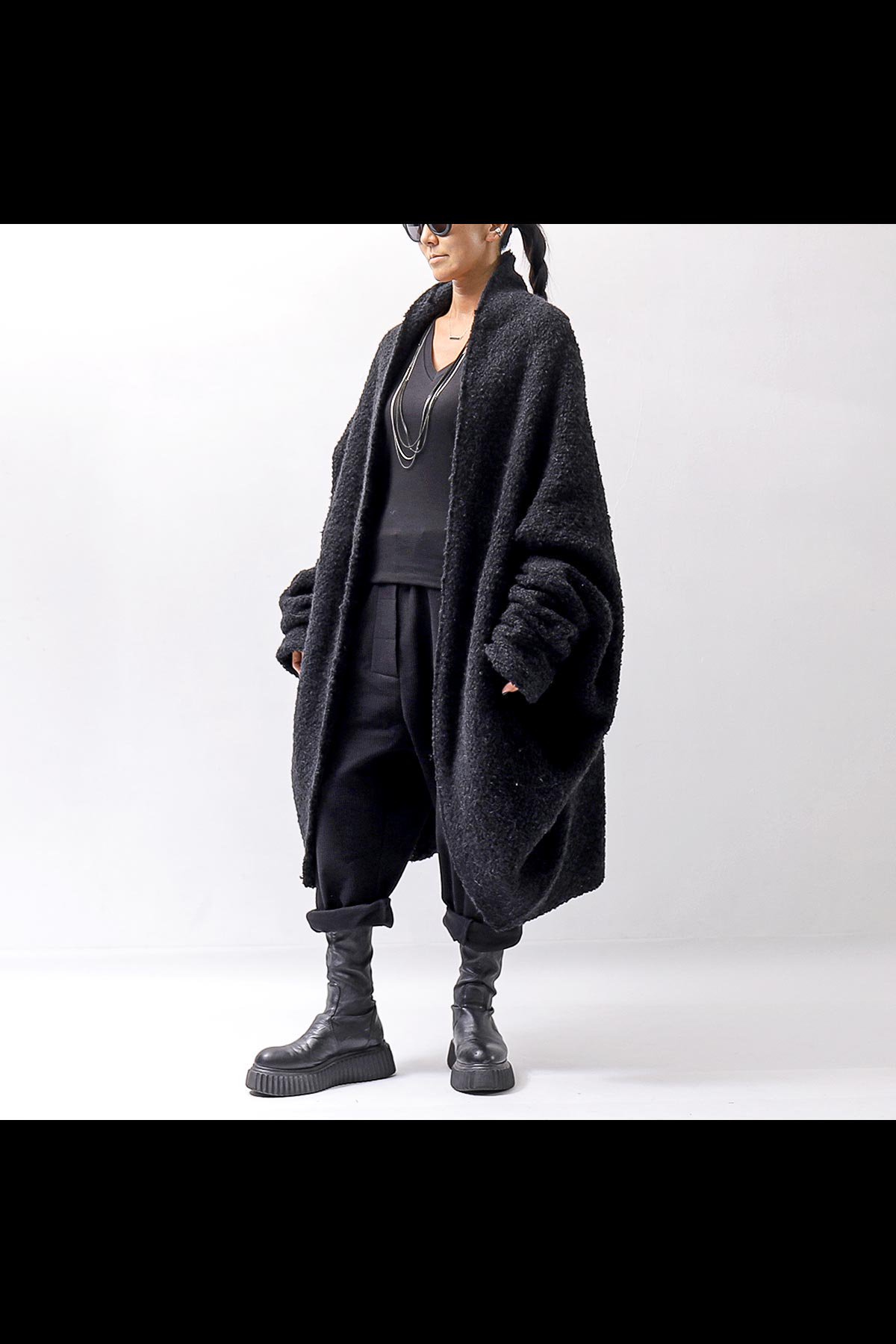 UNISEX OVERSIZED COCOON ALPACA KNIT CARDIGAN M111_BLACK