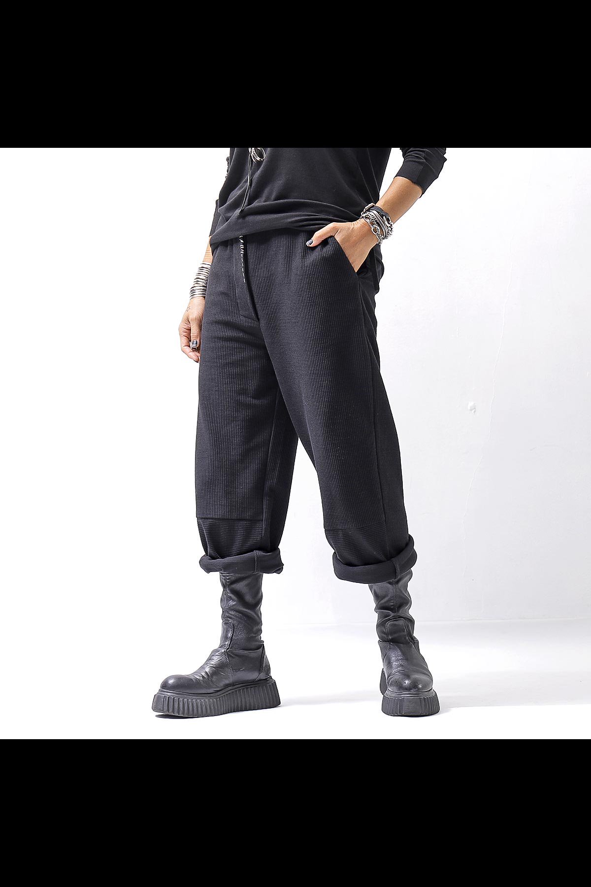 UNISEX COTTON CORDUROY LOW CROTCH PANTS OGB1749_BLACK