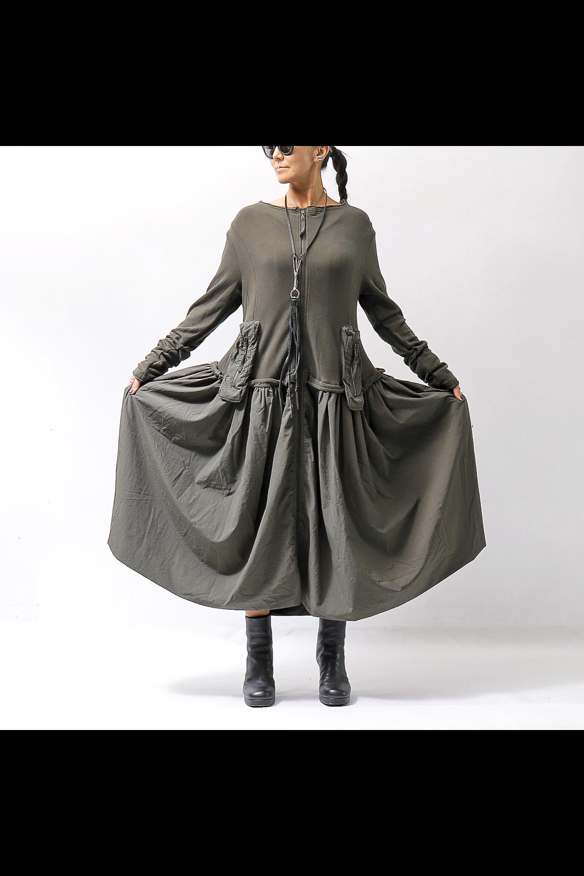 2WAY LIGHT SWEAT&NYLON LONG CARDIGAN DRESS 351 0924_JUNGLE