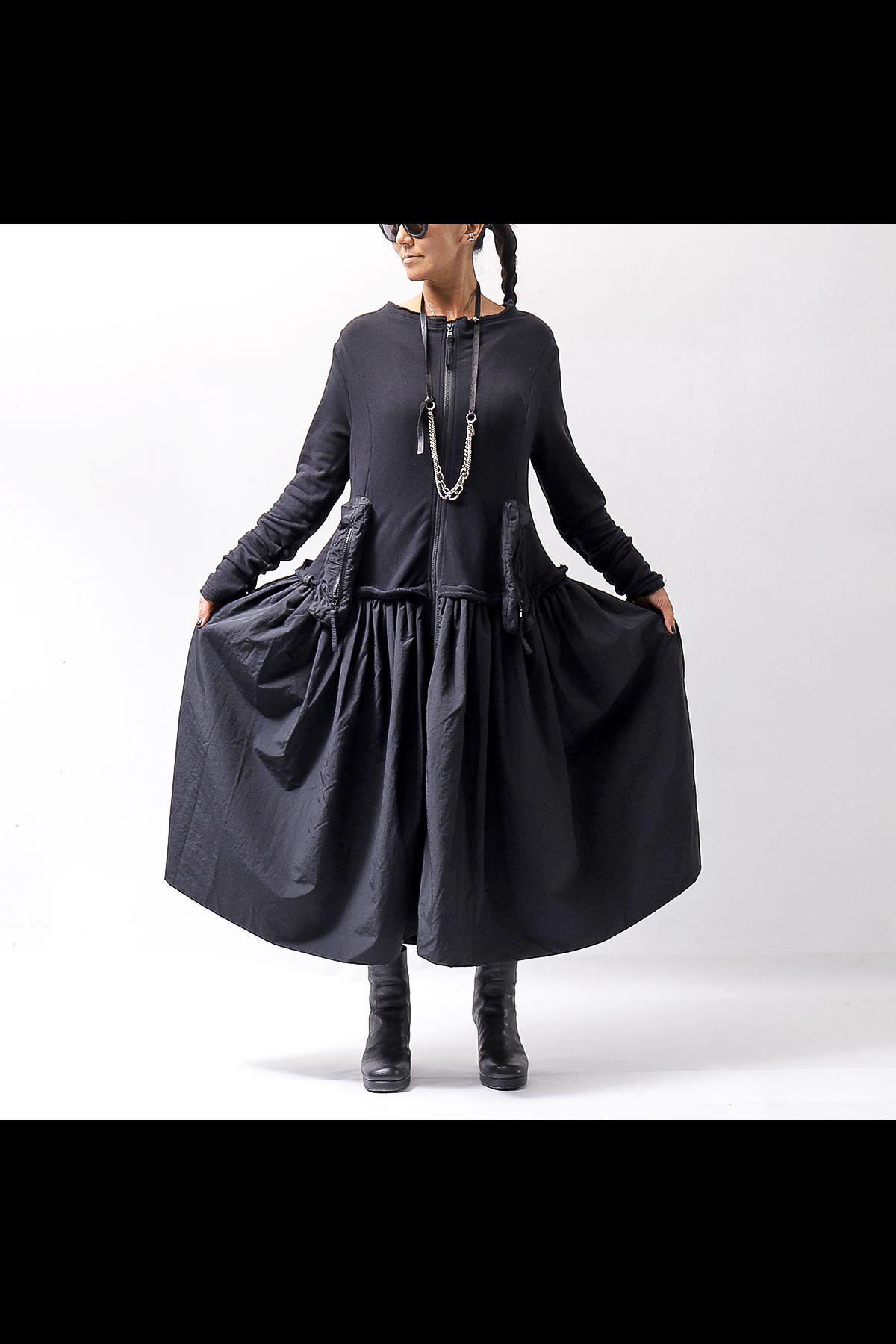 2WAY LIGHT SWEAT&NYLON LONG CARDIGAN DRESS 351 0924_BLACK