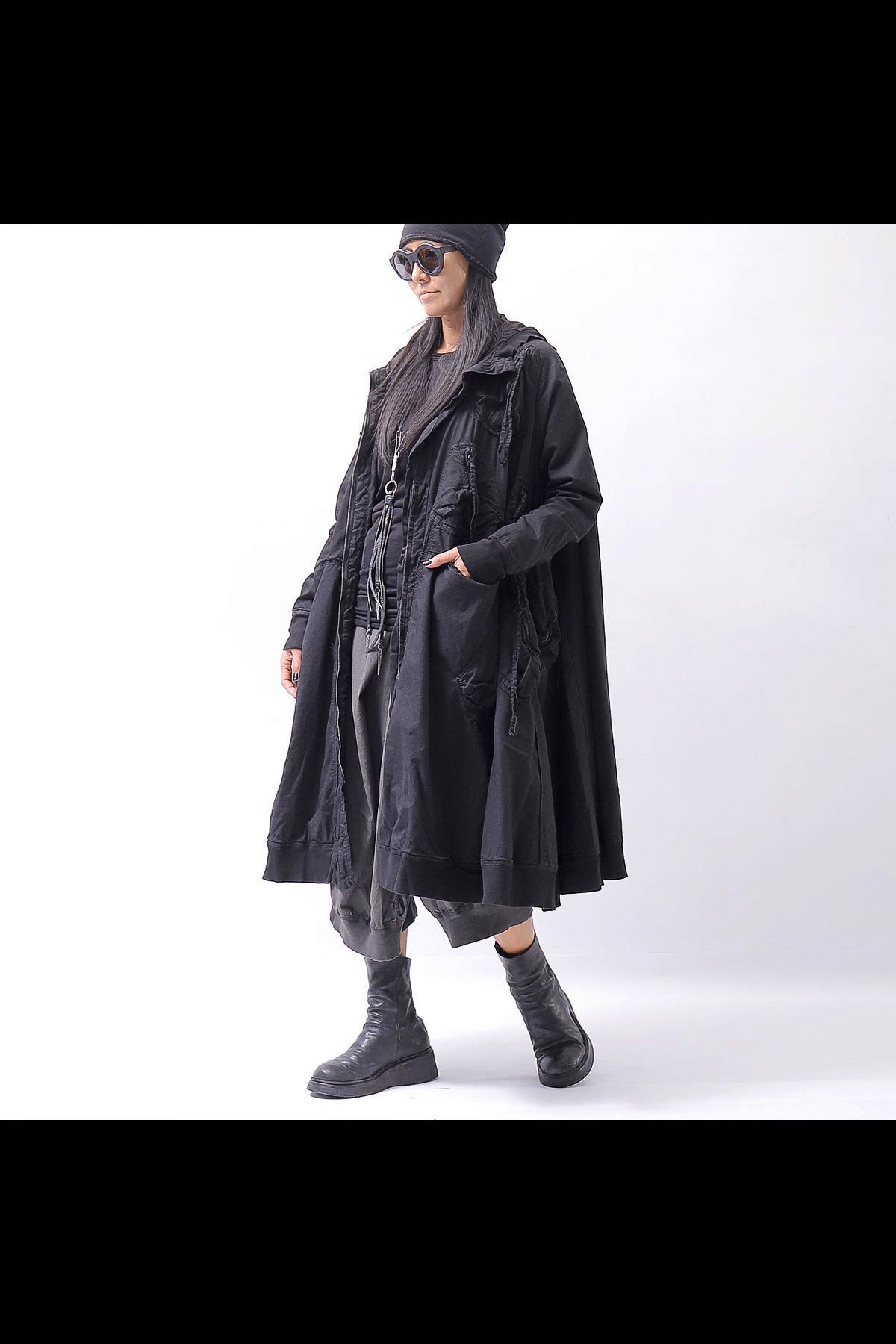 UNISEX ZIPED POCKETSHOOD LONG COAT 260 1208_BLACK