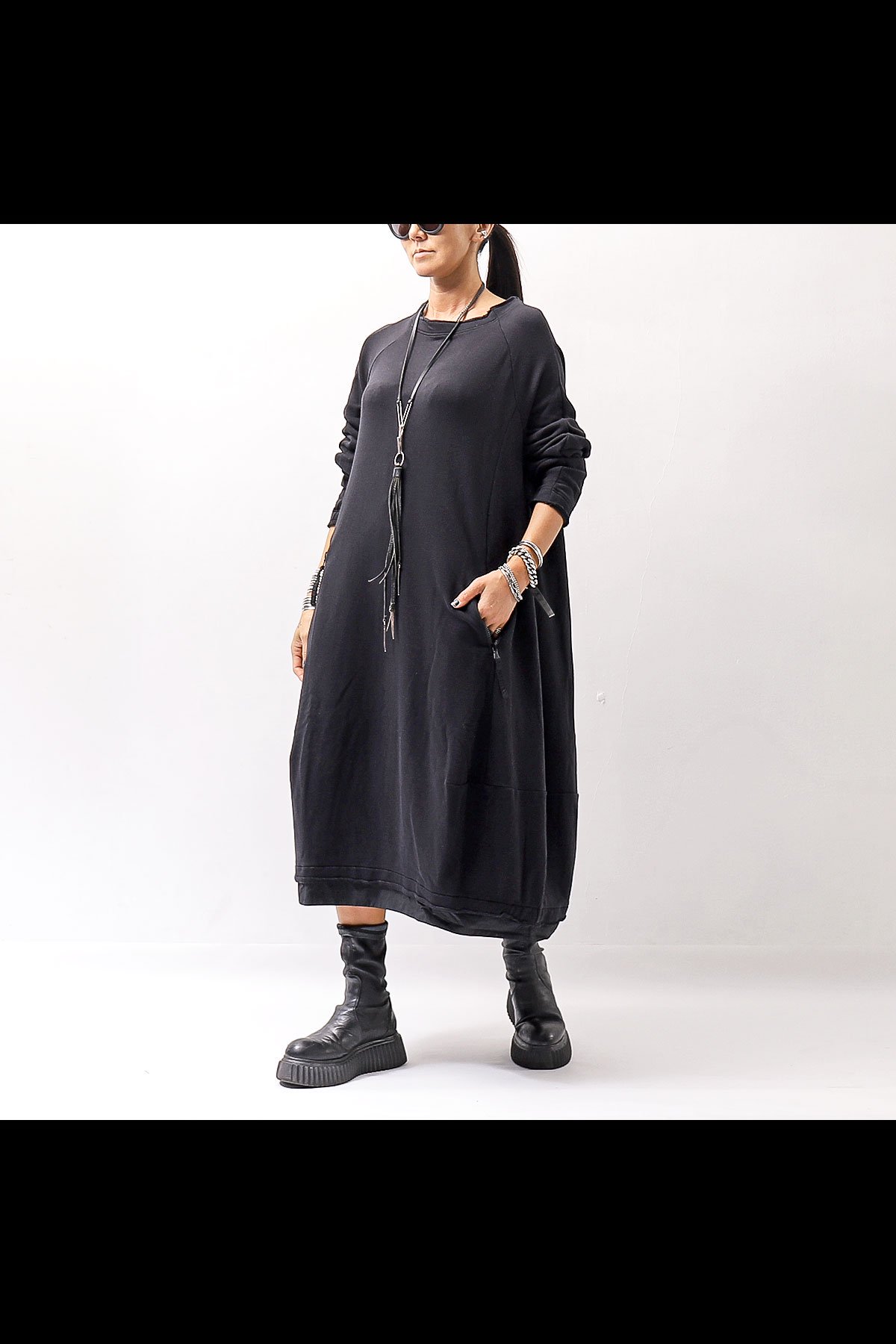 UNISEX OVERSIZED LIGHT SWEAT COCOON DRESS 351 0925_BLACK