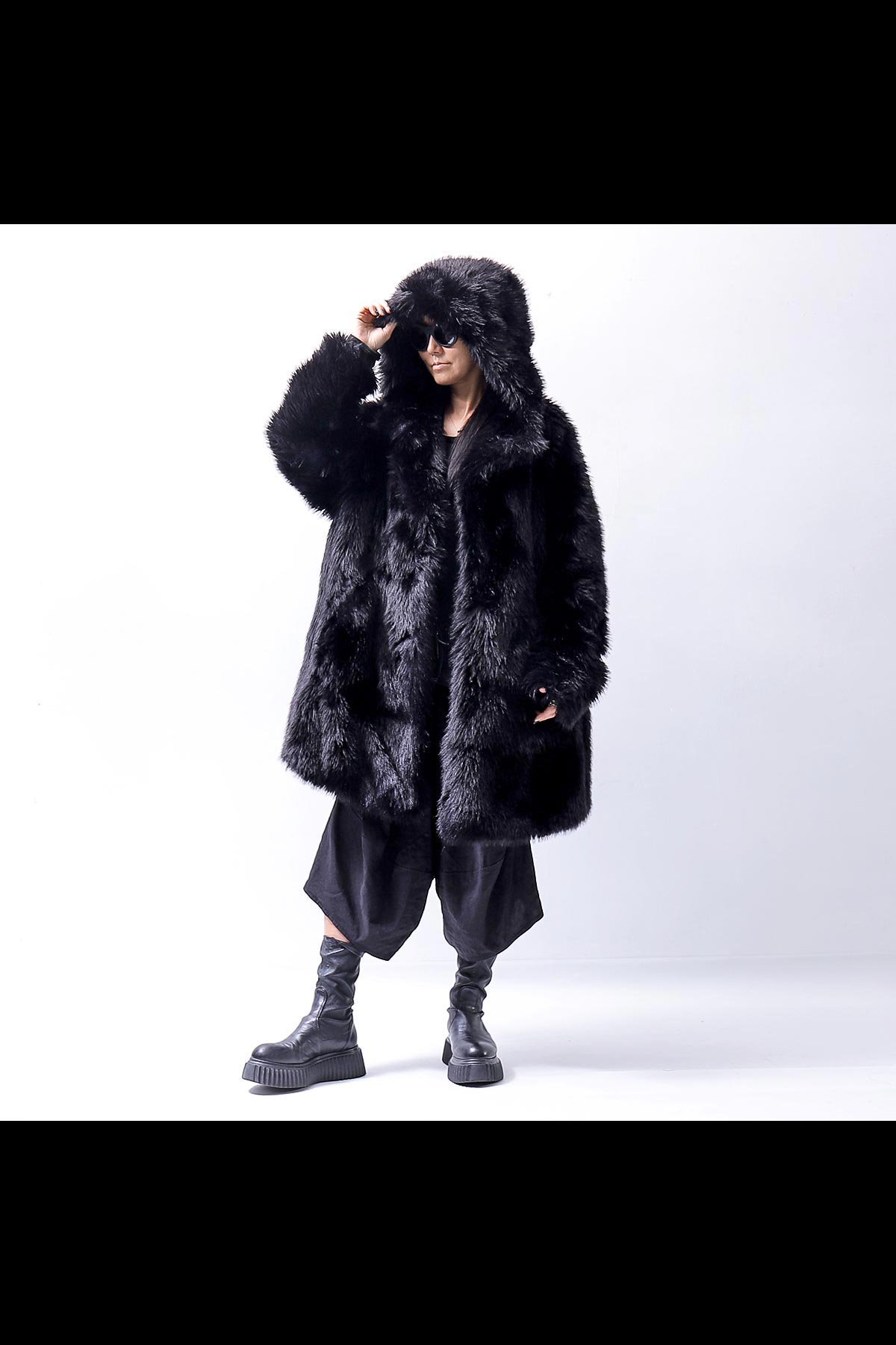 UNISEX FAUX FUR HOODIE COAT 324 1115_BLACK