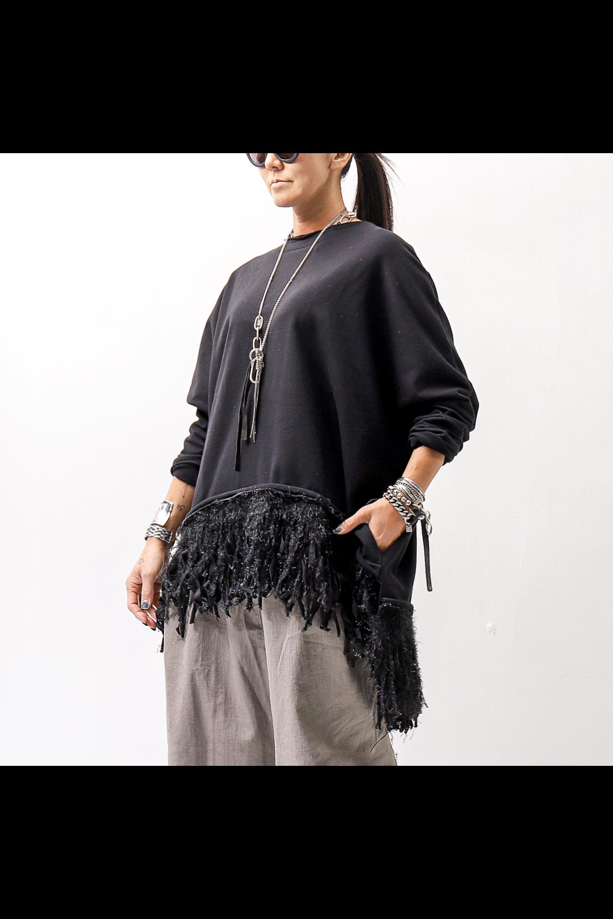 UNISEX SUPER STRETCH SWEAT FRINGE TOP 154QK01_BLACK