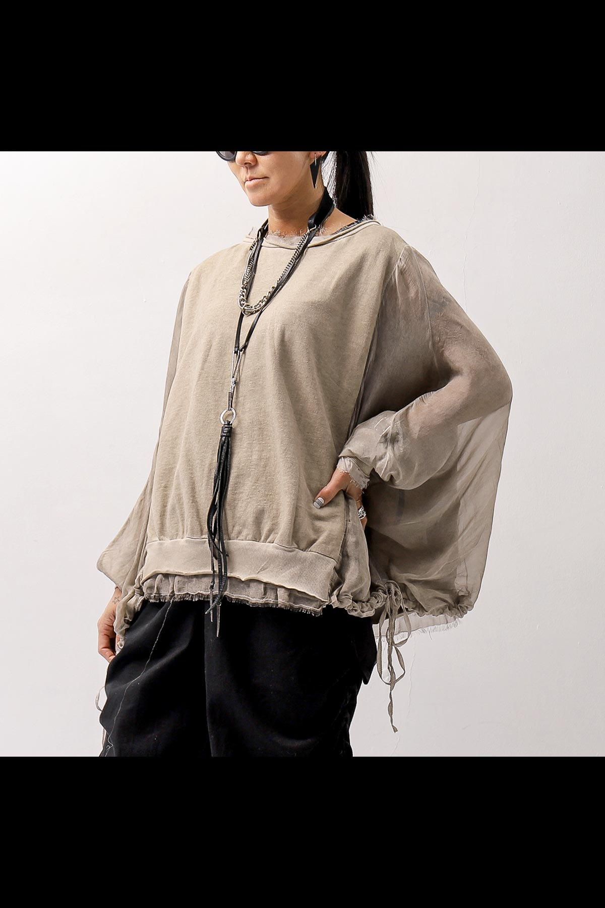 COTTON SWEAT & SILK CHIFFON SLEEVE TOP SM71_SAND SHELL